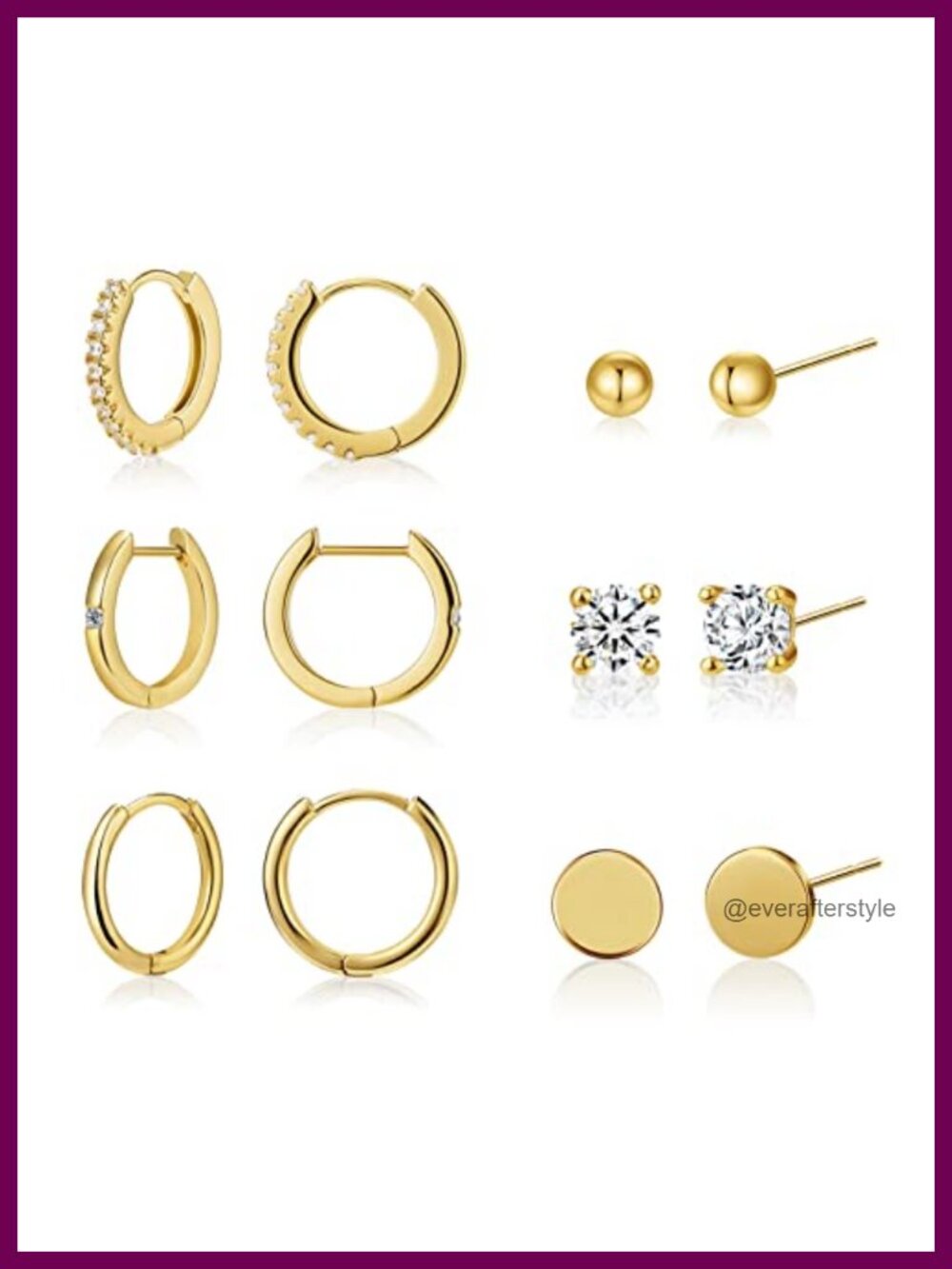 6 Pairs 18K Gold Filled Earrings Set CZ Hypoallergenic Stud & Huggie Hoop for